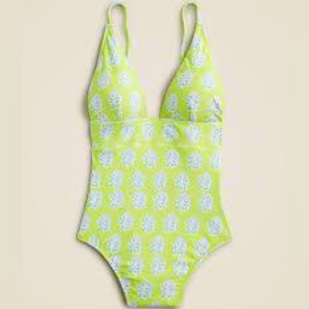 J. Crew Lime Green One-Piece Swimsuit with White Floral Print